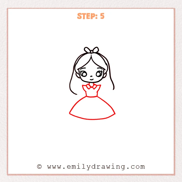 how to draw an alice in wonderland - Step 5: Alice’s collar, bodice, waistband, and full skirt outline are drawn.